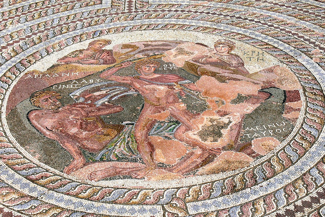 Paphos Archaeological Park. House of Theseus: Mosaic of Theseus killing the minotaur